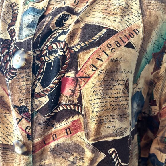 Auqust Silk Petites Vintage Navigation theme Long Sleeve Button-up Blouse Sz PS - Picture 5 of 13